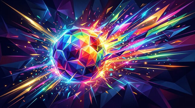 Abstract soccer ball with vibrant geometric explosion and colorful light rays, dynamic energy concept, futuristic digital art illustration