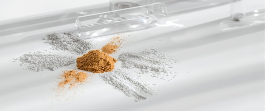 Close view of ferrous sulfate cetyl esters wax and zinc powders on a clean white lab table with test tubes