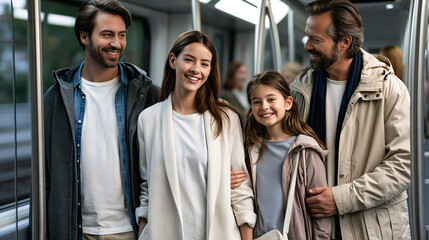 Fototapeta premium Happy Family on a Train Journey A smiling family of four, including two parents and two children, enjoys a pleasant train ride, with the couple embracing and the children beaming with excitement.
