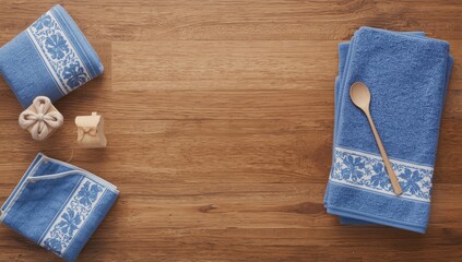 Fototapeta premium Flat lay of hand towel arranged on natural wood grain backdrop with copy space