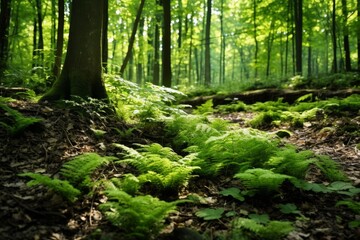 Fototapeta premium Green ferns thriving on the woodland ground with sunlight illuminating the lush foliage