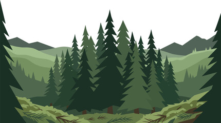Obraz premium Flat vector illustration of dark green pine forest landscape with rolling hills and distant mountains