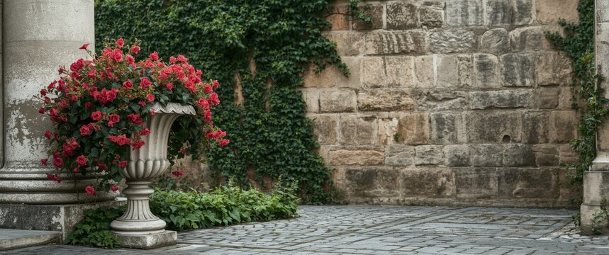Elegant stone planter overflowing with vibrant fustian blooms and trailing ivy on textured grey cobblestones near medieval columned wall with copy space