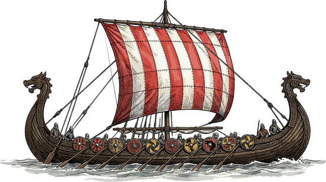Detailed hand drawn sketch style vector illustration of a traditional Viking longship with red striped sail and shields sailing isolated on white background