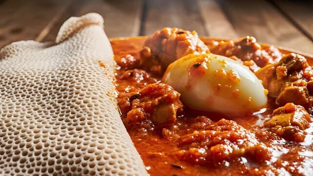 Delicious Ethiopian Doro Wat with Injera Bread Closeup.