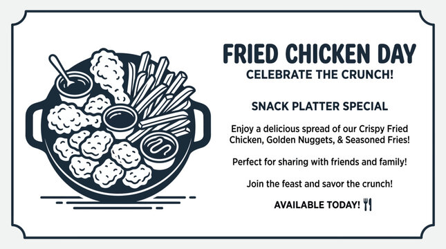 Vintage style illustration of a fried chicken snack platter with nuggets and french fries.