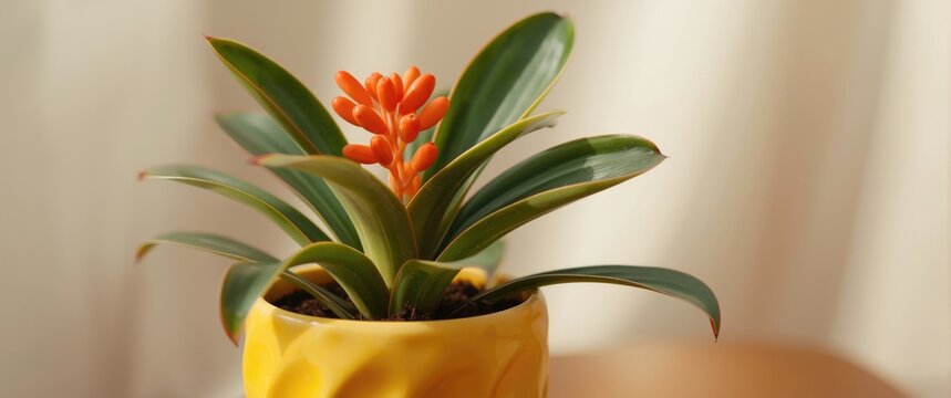 Colorful Schubert Aechmea Bromeliad displaying orange berries in vibrant yellow planter for gardening