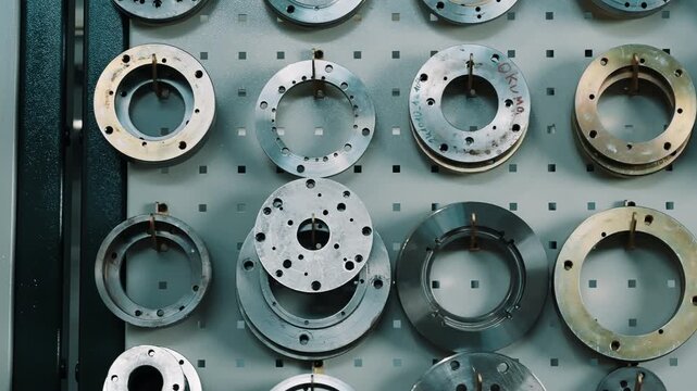 Organized display of precision machined circular metal components on perforated pegboard wall in an industrial workshop, featuring flanges, rings, and discs arranged for tooling