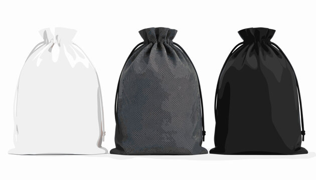 Three Drawstring Bags in White Gray and Black on Plain Background
