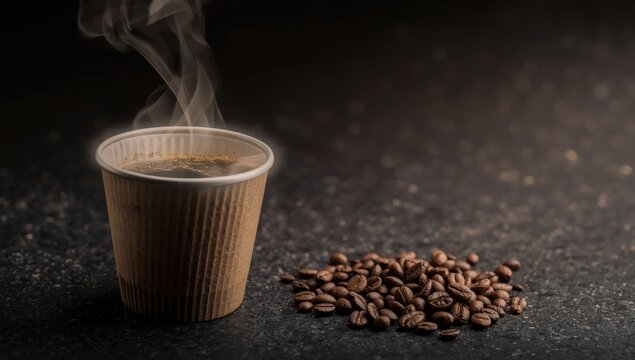 Coffee steaming from a paper cup alongside a small pile of coffee beans