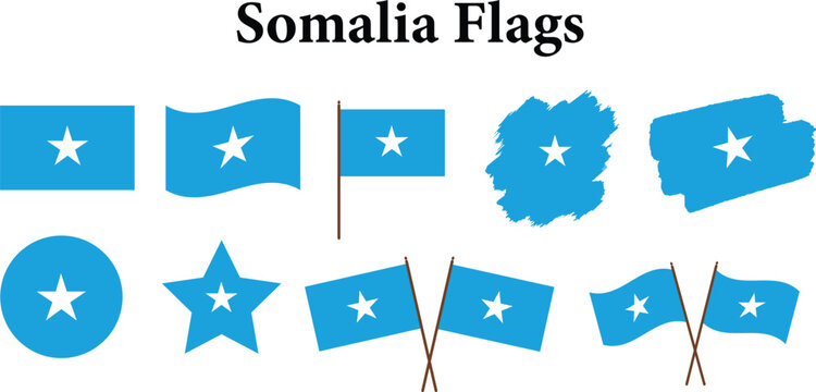 Somalia flags national flags star badge flag  in various shapes waving vector icons and patriotic Somali symbols