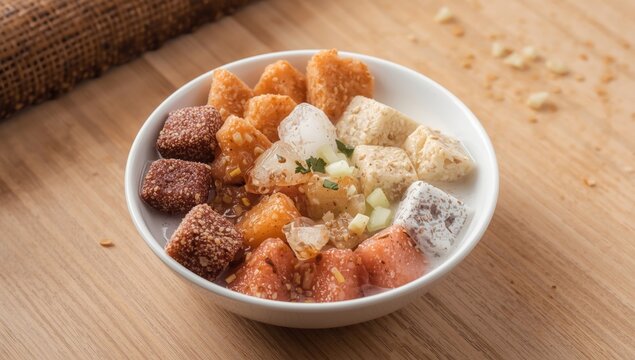 Colorful Ais Kacang bowl featuring icy sweetness and varied textures served elegantly on a soft wooden tabletop
