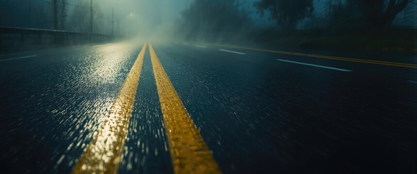Detailed wet road image featuring twin yellow lines and a hazy background simulating high speed contest