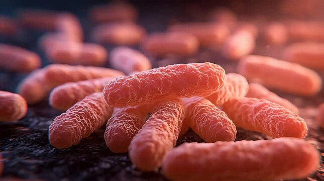 Microscopic view of rod-shaped bacteria, highlighting their cellular structure and vibrant pink color under magnification.