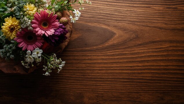 eye catching flower bouquet set on smooth varnished wooden board