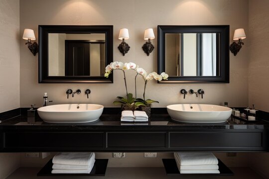 Contemporary double vanity bathroom with vessel sinks, elegant black counter, mirrors, and orchids