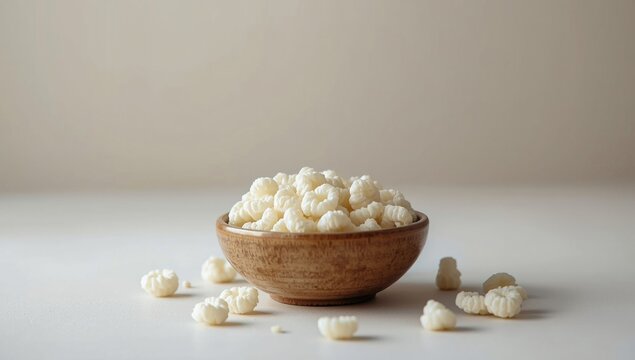 Focused capture of bowl with white puffed fryums snack made of rice and wheat