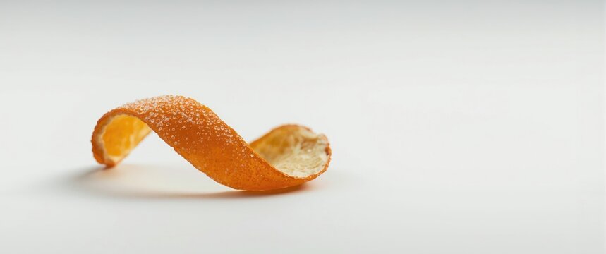 Close perspective of dried and sugared orange peel resting on a plain white surface