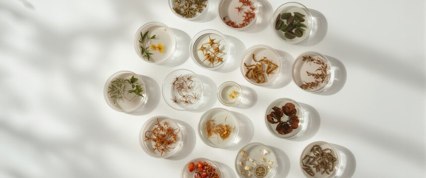 Flat view of Petri dishes containing different botanical ingredients and cosmetic samples on a white background with copy space