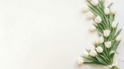 Fototapeta premium Elegant bouquet of white tulips tied with a delicate ribbon on a soft background