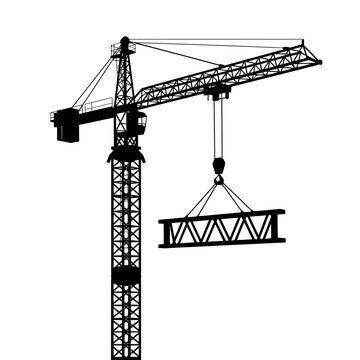 Construction crane silhouette lifting steel beam against white background