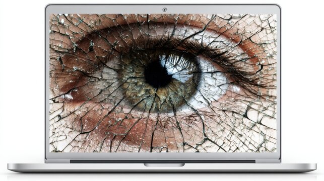 A laptop screen displaying a cracked image of a human eye, symbolizing surveillance or a broken digital world