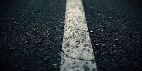 Fototapeta premium Close up of worn white painted lane lines on rough black asphalt background