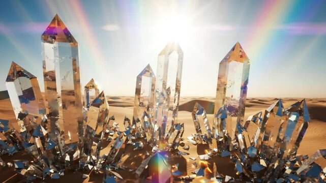 Crystal formations in desert landscape with bright sun and rainbow light flares, spiritual healing, magic