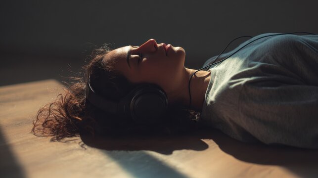 A young person lying on the floor, eyes closed, with headphones on, enjoying music in a sunlit room. The sunlight casts a warm glow and shadows, creating a serene atmosphere