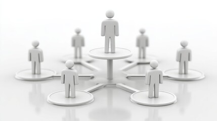 Obraz premium A leadership concept illustration showing a central figure standing on a raised platform, surrounded by other figures connected by lines, symbolizing hierarchy and connection