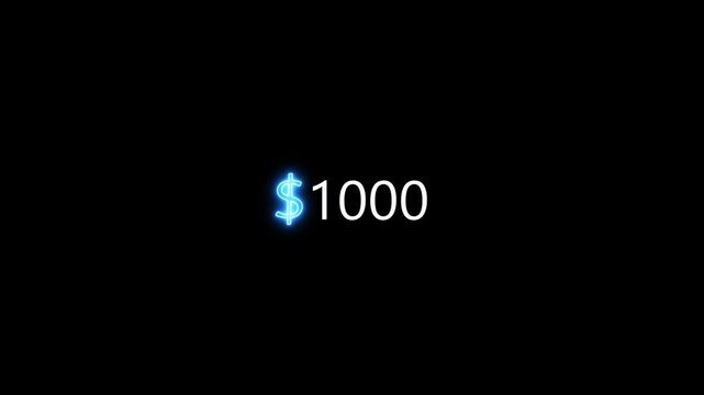 One thousand dollars text with blue glowing neon currency symbol, financial success and wealth concept on black background.
