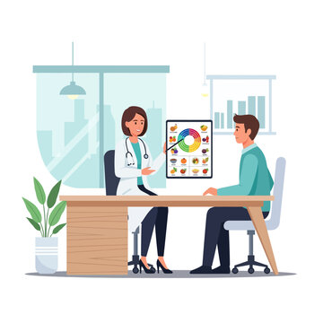 Doctor consulting patient about healthy food choices using a color wheel chart