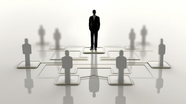 A leader standing tall above subordinates in a hierarchical structure, representing command and control