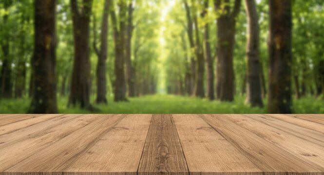hardwood table with wood stain finish on textured floor and blurred natural tree backdrop