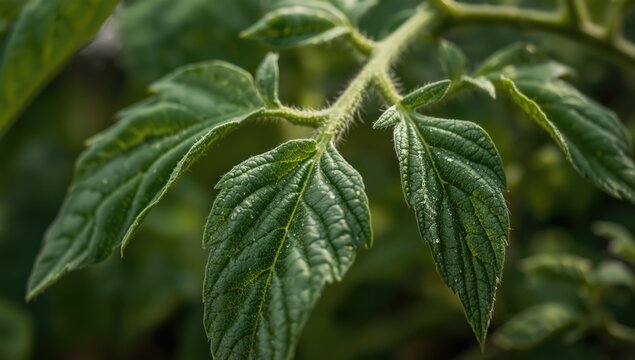 Close examination of tomato vine leaves with vivid green tones