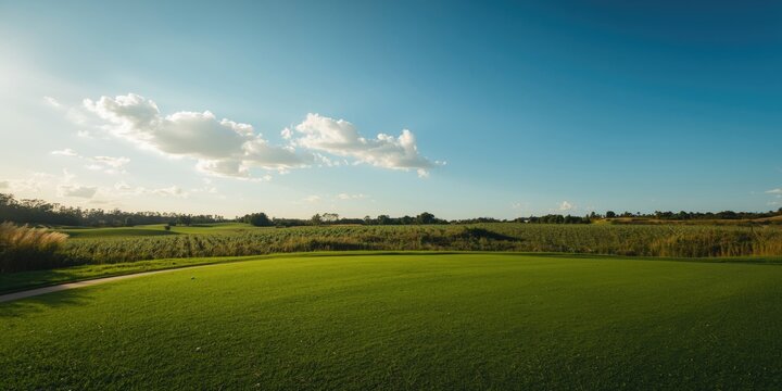 Gentle golf ground setting with dense verdant lawn and bright blue sky on a sunny afternoon