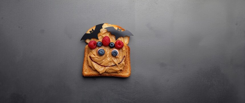 Gray background close up of spooky monster face toast with peanut butter berries and Halloween bats