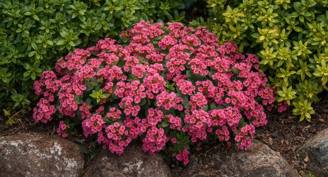 Colorful sedum flowers blooming in autumn with lush green foliage and garden stones