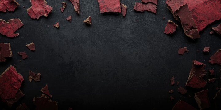 Fragmented deep red cardboard parts spaced apart on dark background