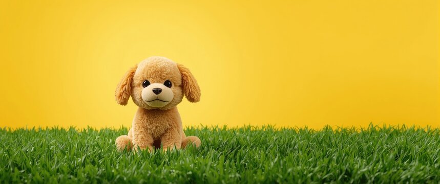 Delightful plush dog situated on a bright grassy green background