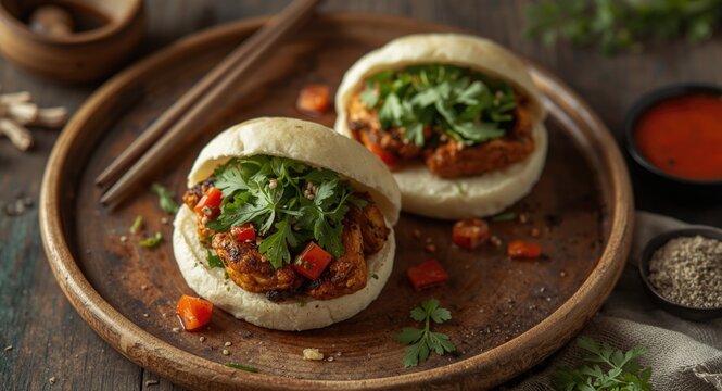 Delicious chicken bao buns with greens sauce on rustic wooden plate