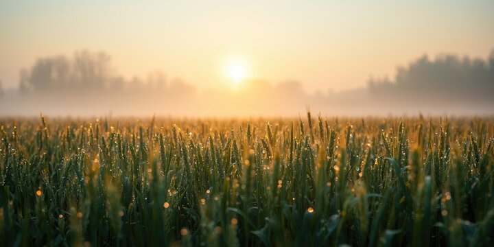 Fresh dew covered green wheat field glowing under gentle sunrise glow with spring mist and empty text space