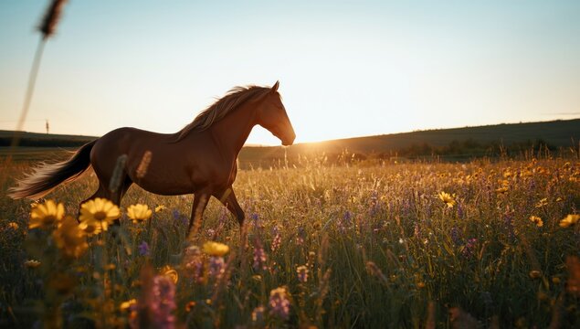 Gentle silhouette of a horse trotting in a sunlit flower covered meadow as dusk falls