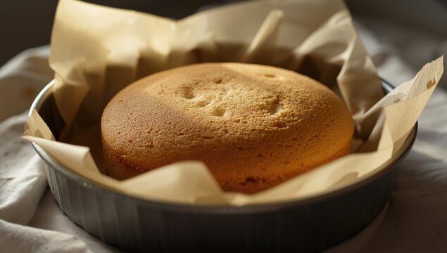 Detailed low light view of a round sponge cake cooling on parchment in a baking pan
