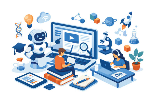 Modern isometric banner featuring an AI robot assisting students with online learning and digital research, education technology concept with futuristic web template design and graphics art.