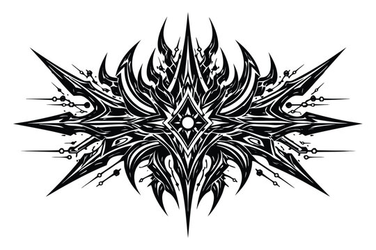 Symmetrical neo tribal vector design with aggressive cyber gothic shapes and sharp edges, ideal for hardcore tattoo flash, streetwear graphic prints, or dark alternative aesthetic apparel designs.