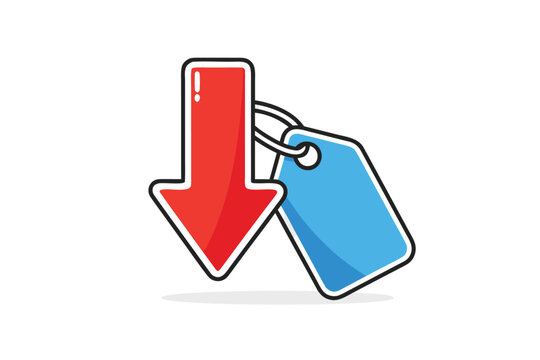 Price reduction tag featuring a downward red arrow and blue discount label on a clean white background. Flat vector illustration perfect for retail sales, commerce promotions and commerce specials.