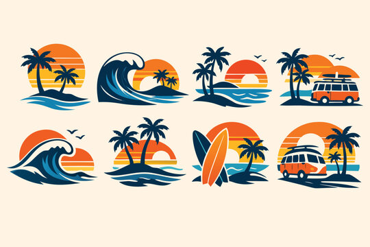 Retro Surf Paradise Vector Illustration Set Featuring Tropical Palm Trees Ocean Waves Golden Sun and Bold Typography Compositions for Summer Vacation Apparel Design and Exotic Travel Branding