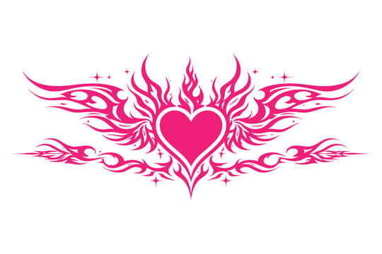 Vivid Pink Neo Tribal Emo Heart Silhouette with Abstract Flame and Wing Elements, Trendy Y2K Aesthetic Vector Illustration for Edgy Graphic Design, Alternative Streetwear Prints, and Cyber Art.