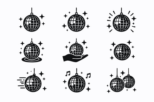 Disco ball icon set featuring black silhouette symbols on a white background, simple flat vector illustration for music party, dance event, and nightclub entertainment design themes.